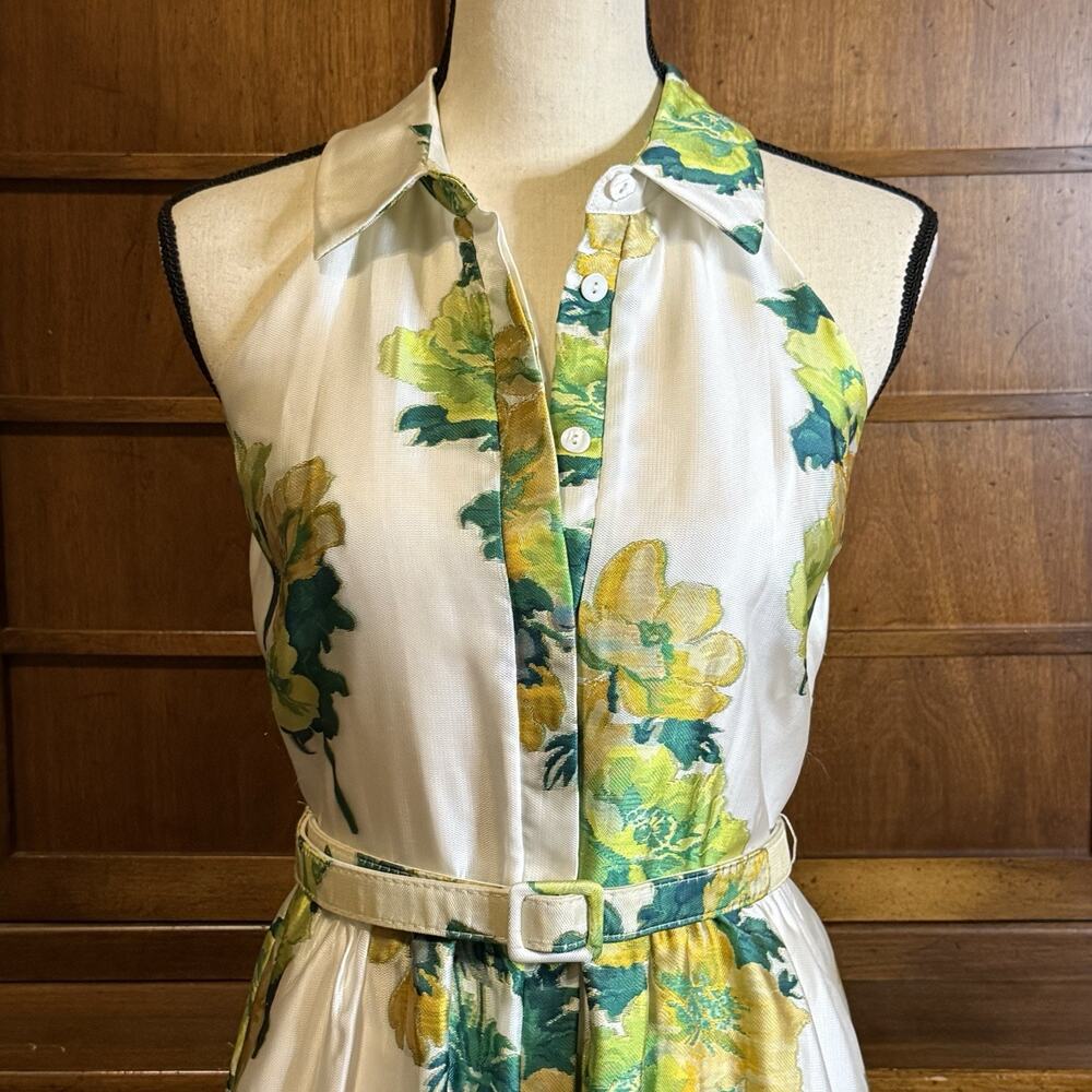 Belle Badgley Mischka Greta Backless Midi Dress Size 6 Green Cream Floral Print - Picture 3 of 13